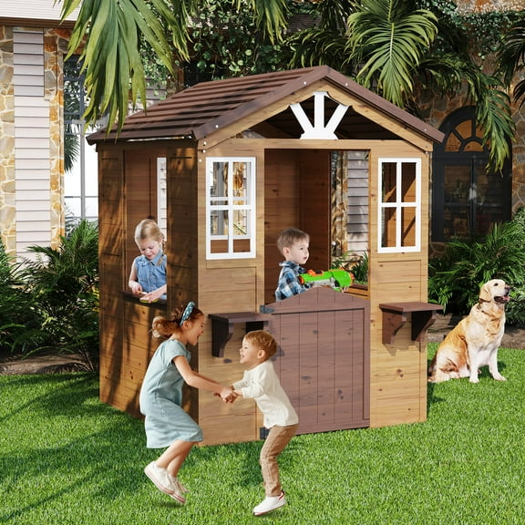 Studyset Kids Outdoor Playhouse,Wooden Play House for Kids,Wooden Play House Outdoor Cottage,Cedar Woodens Kids Playhouse Cottage,Toddler Outdoor Playhouse Vinyl Roof With Play Kitchen