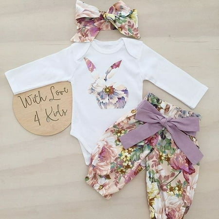 - Newborn Infant Baby Girls Cotton Bunny Tops Romper Pants Outfits Headband Set Clothes
