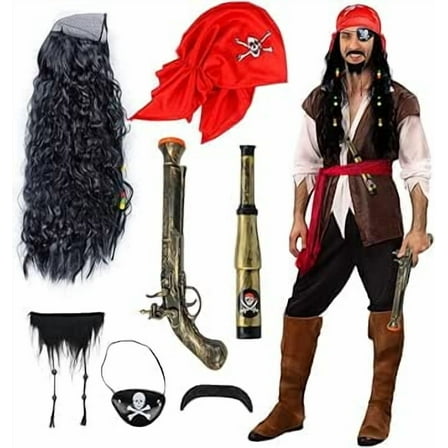 Pirate Costume Set for Adult Men, Accessories Include Wig With Mustache Beard, Hat, Skull Eye Patch, Telescope, Pistol, Halloween Carnival Role Play Dress Up