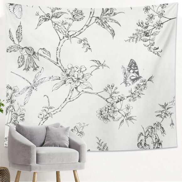 Generic Leaves Tapestry Dragonfly Butterfly Floral Painting Plant Tree Spring Black White Polyester Backdrop Decorative Bedroom Ceiling Headboard Couch Club Tapestry One Piece 60x40 Inch