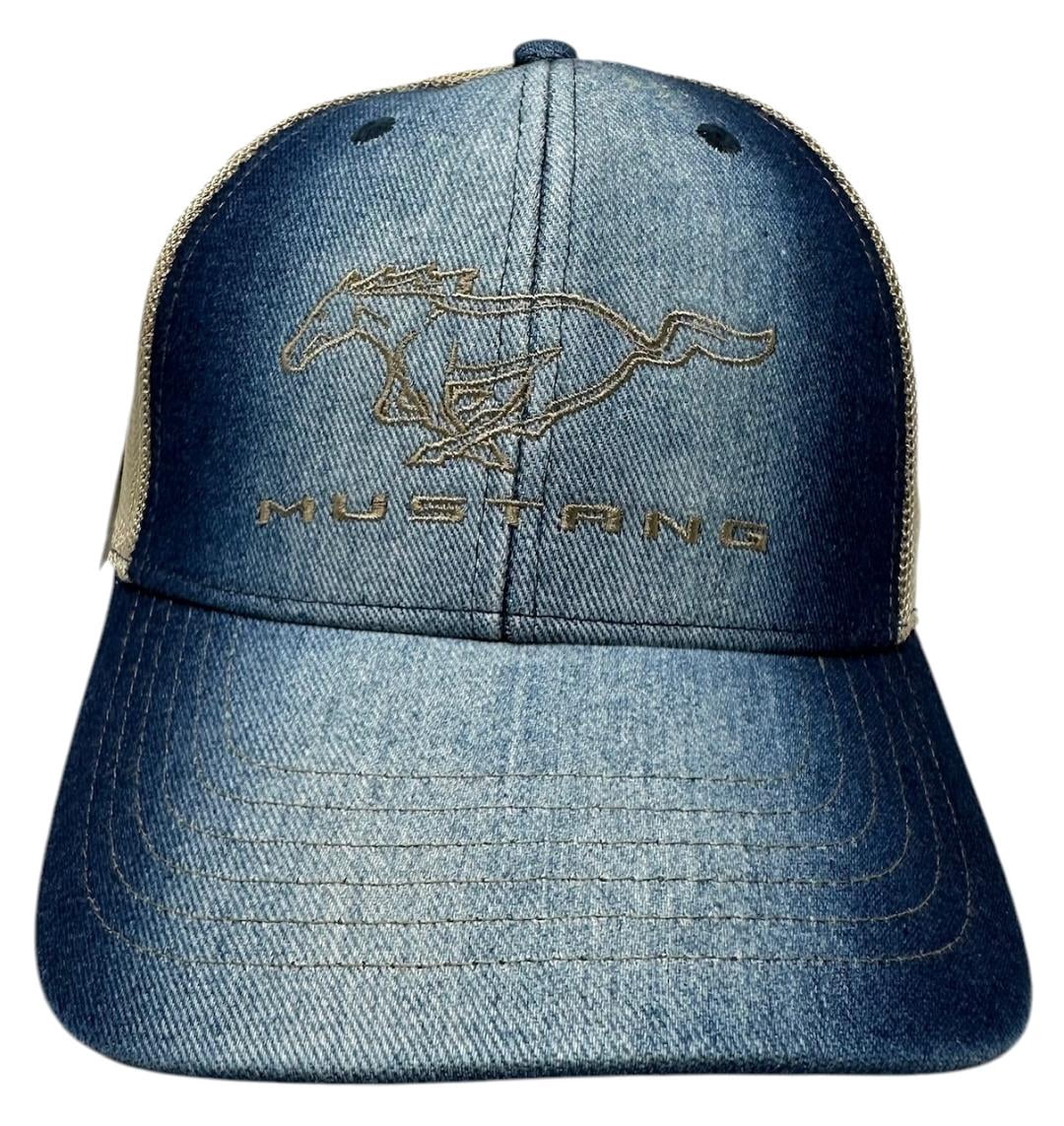 Ford Mustang Men's Hat Embroidered Logo Blue Denim Mesh Panels Adjustable Cap