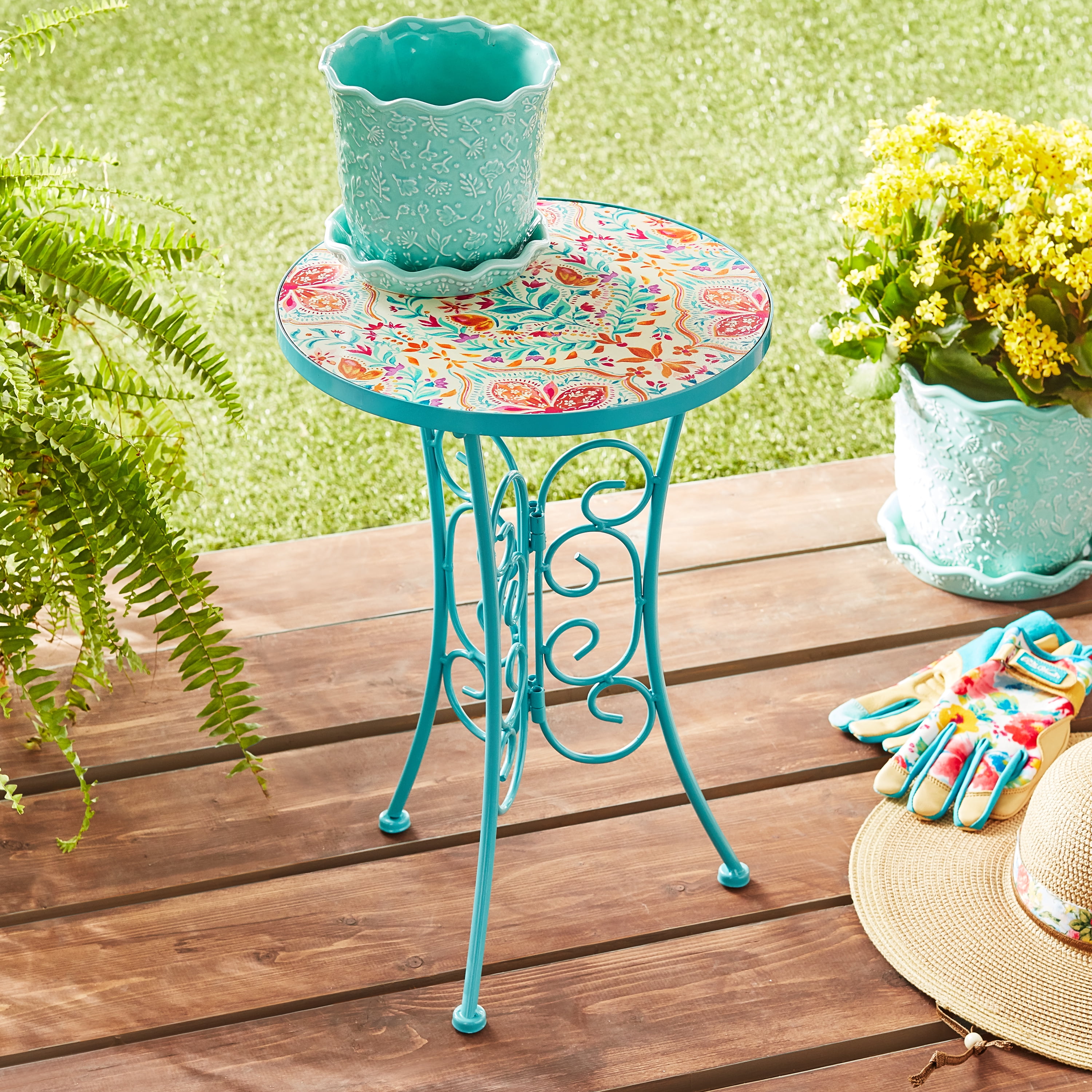 The Pioneer Woman Folk Geo Multi-Color Ceramic Top Plant Stand