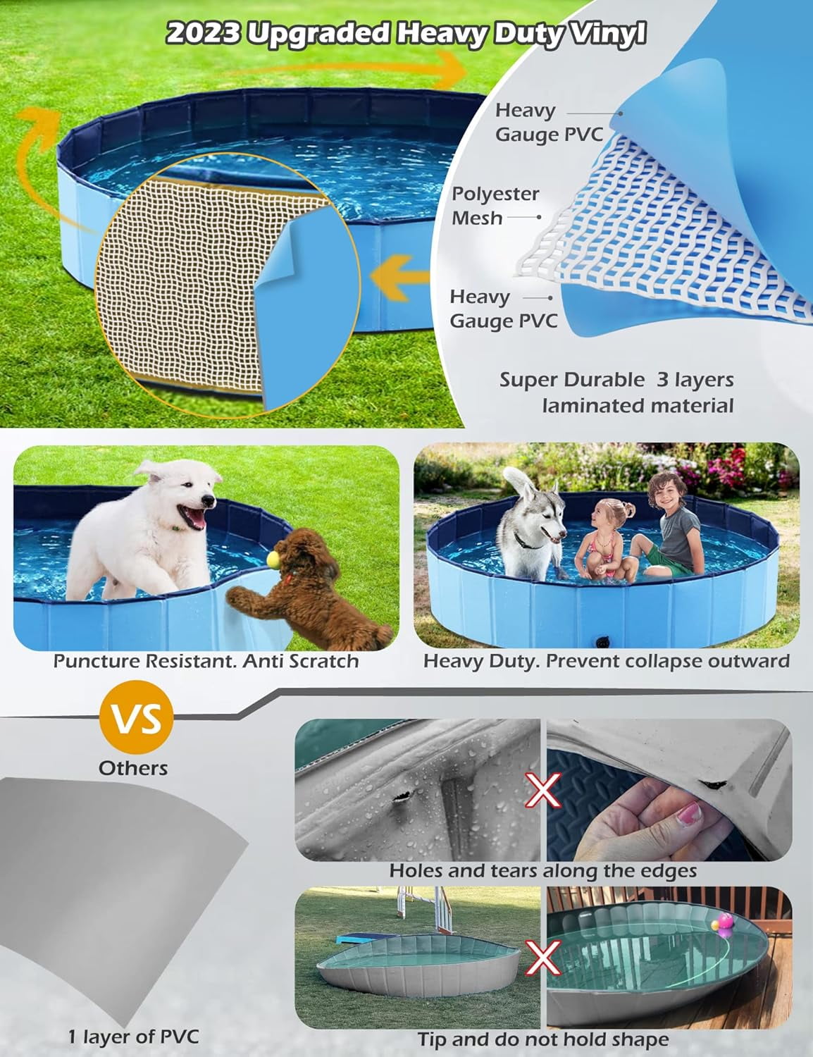 Asunby Bathing Foldable Dog Swimming Pool with Side Drain, Portable Bath Tub for Pets Indoor and Outdoor(32x 12''Blue)