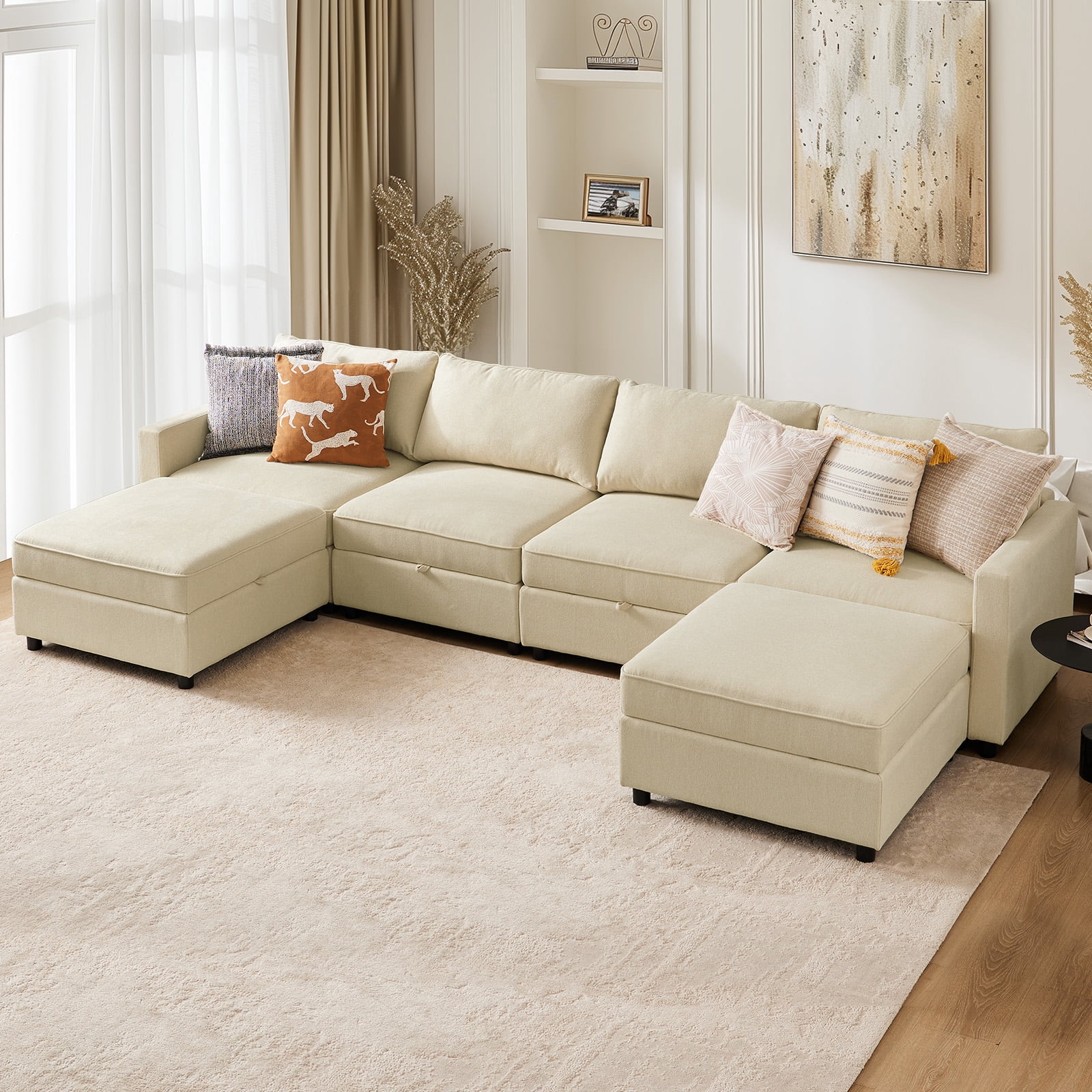 GIANNA 6-Seat Convertible Sectional Sofa with Storage, Modern L-Shaped Sleeper Sofa with Ottoman, Extra Deep Seat Cushions, Soft Fabric, Beige