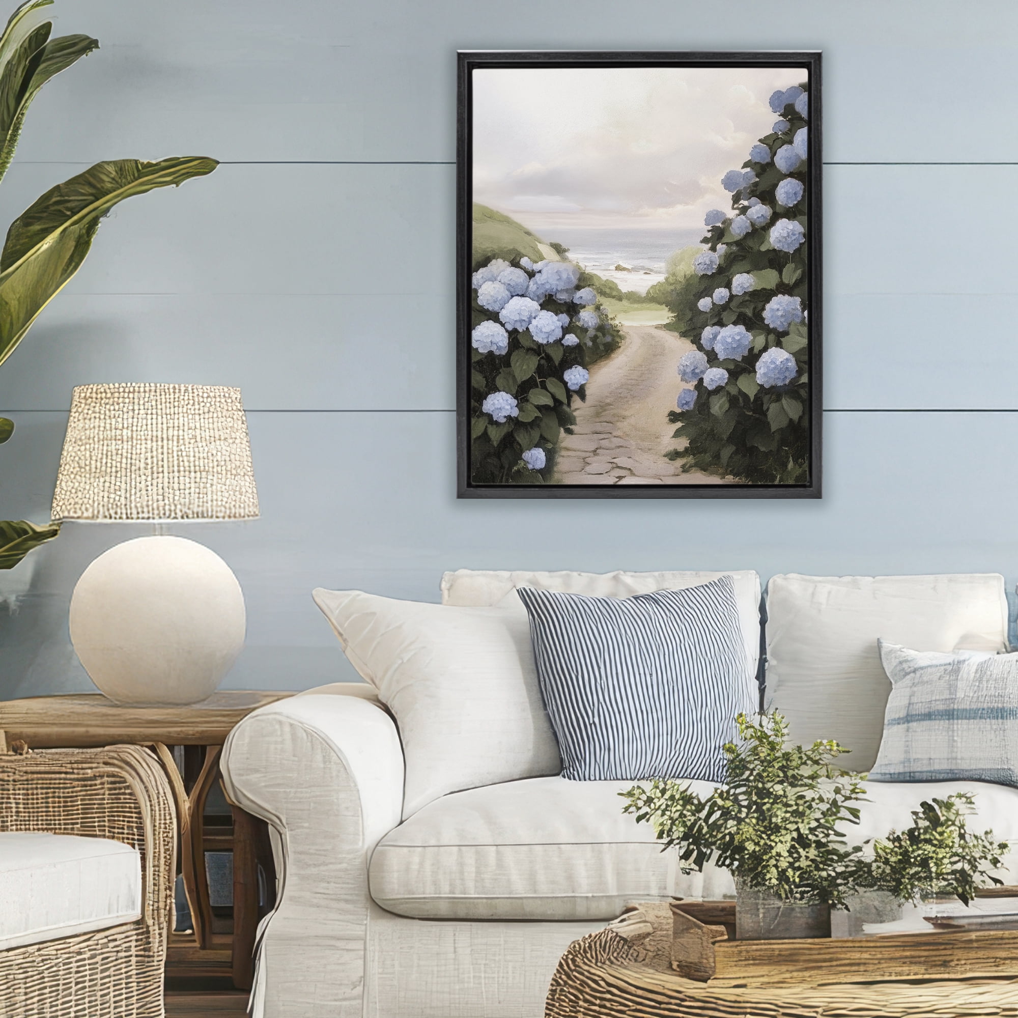 Stupell Industries Coastal Hydrangea Pathway Black Framed Floater Canvas Wall Art, design by Sisi and Seb