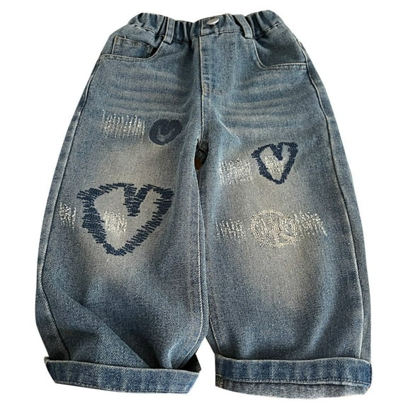 oqasdz Girls Jeans Casual Heart Embroidery Flared Leg Toddler Kids Comfortable Stretchy Spring Summer Denim Pants Size 3 Y-4 Y