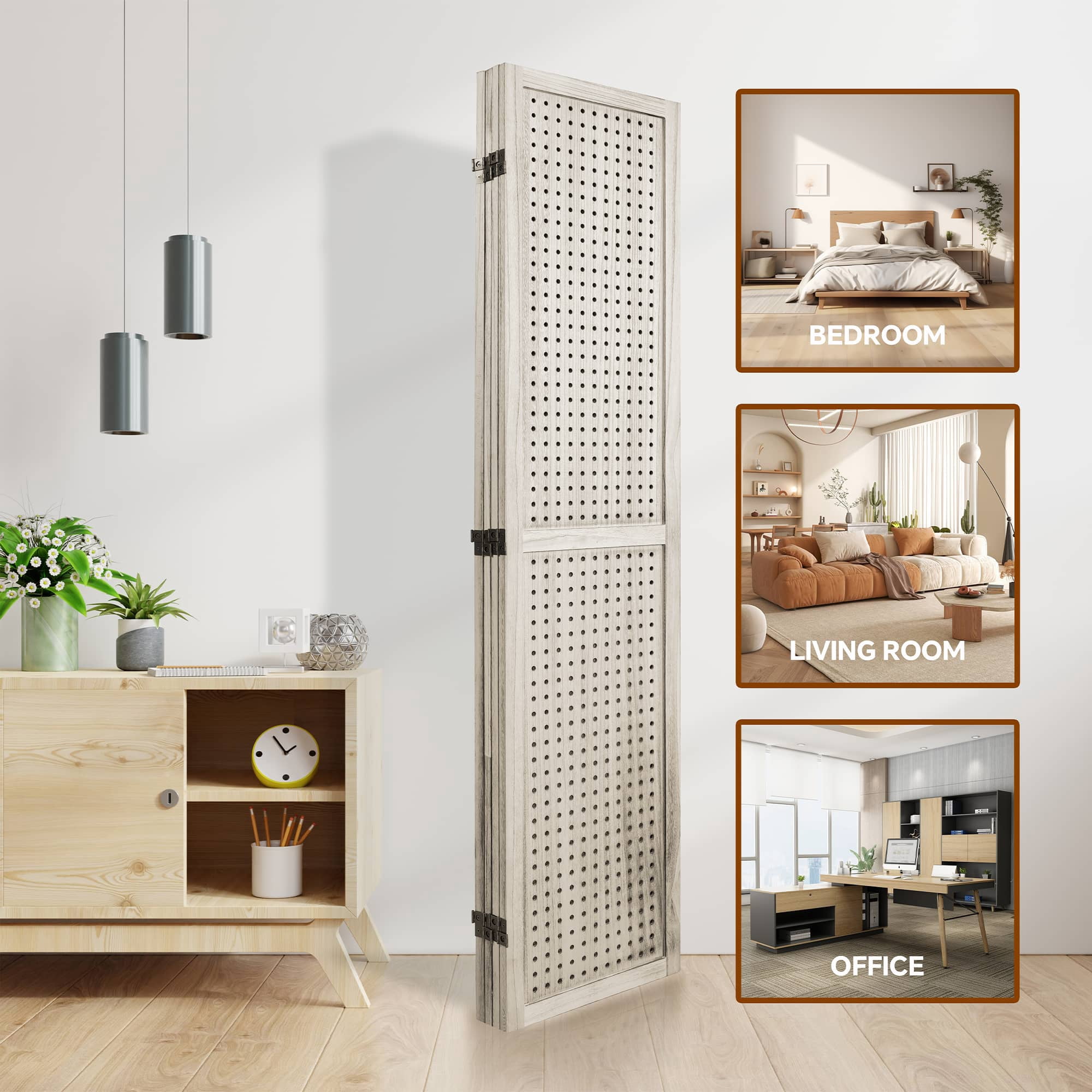 MAYEERTY 4 Panel Room Divider, 5.6Ft Wooden Freestanding Privacy Screen with Shelves, Natural Wood