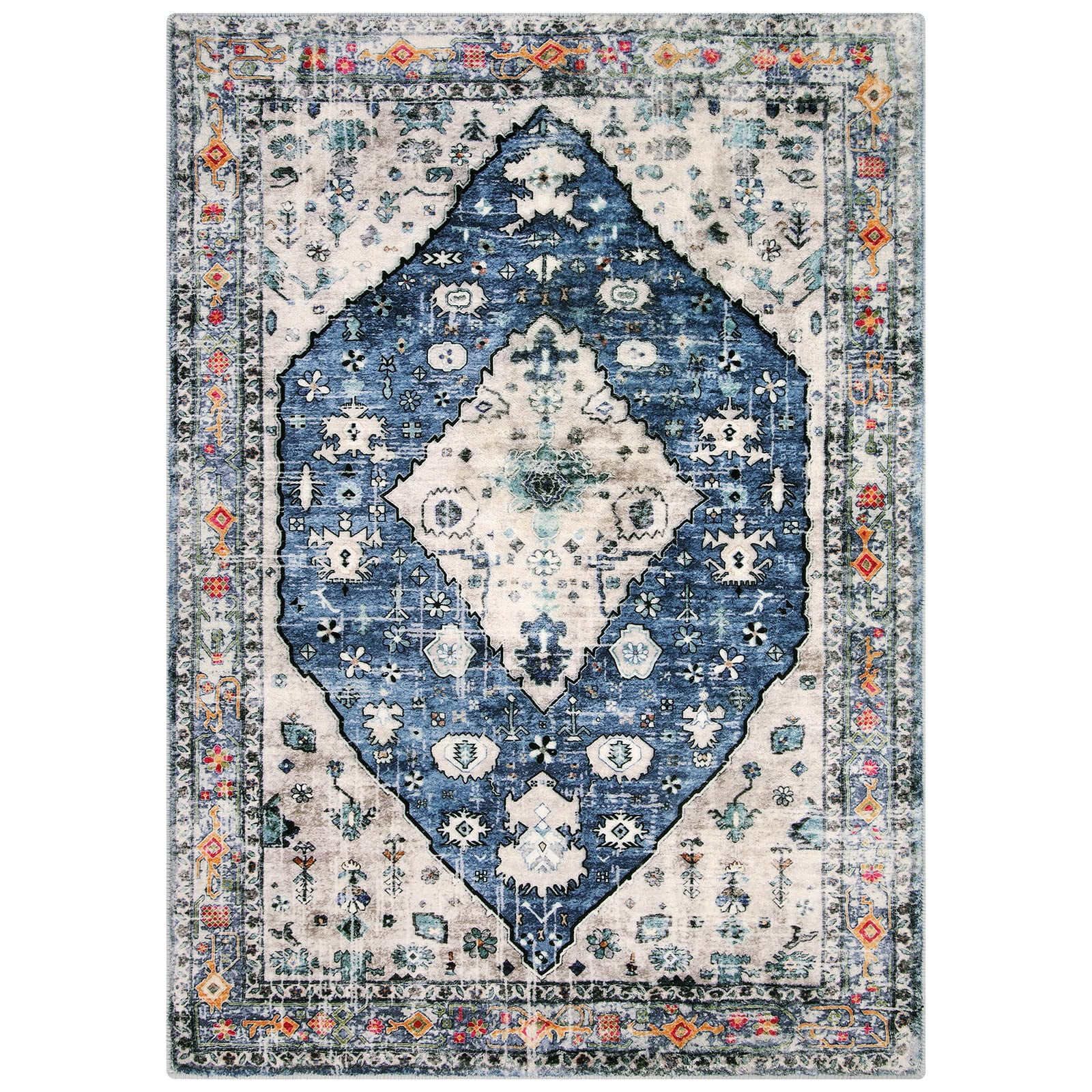 Wonnitar Boho Tribal 5'x7' Area Rug for Living Room, Washable Rug for Bedroom Vintage Coastal Accent Rug for Dinning Room Office Non Ship Low Pile Stain Resistant, Blue