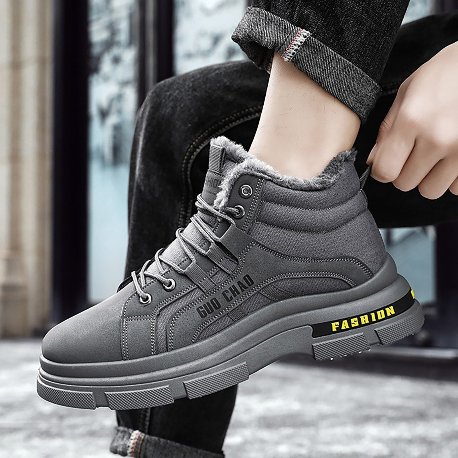 nsendm Men Shoes Adult Male Outrider Boots High Top Men Shoes New Winter Plush and Thick Thermal Cotton Shoes Men Casual Non Slip Snow Shoe for Men Grey 8.5 Walmart