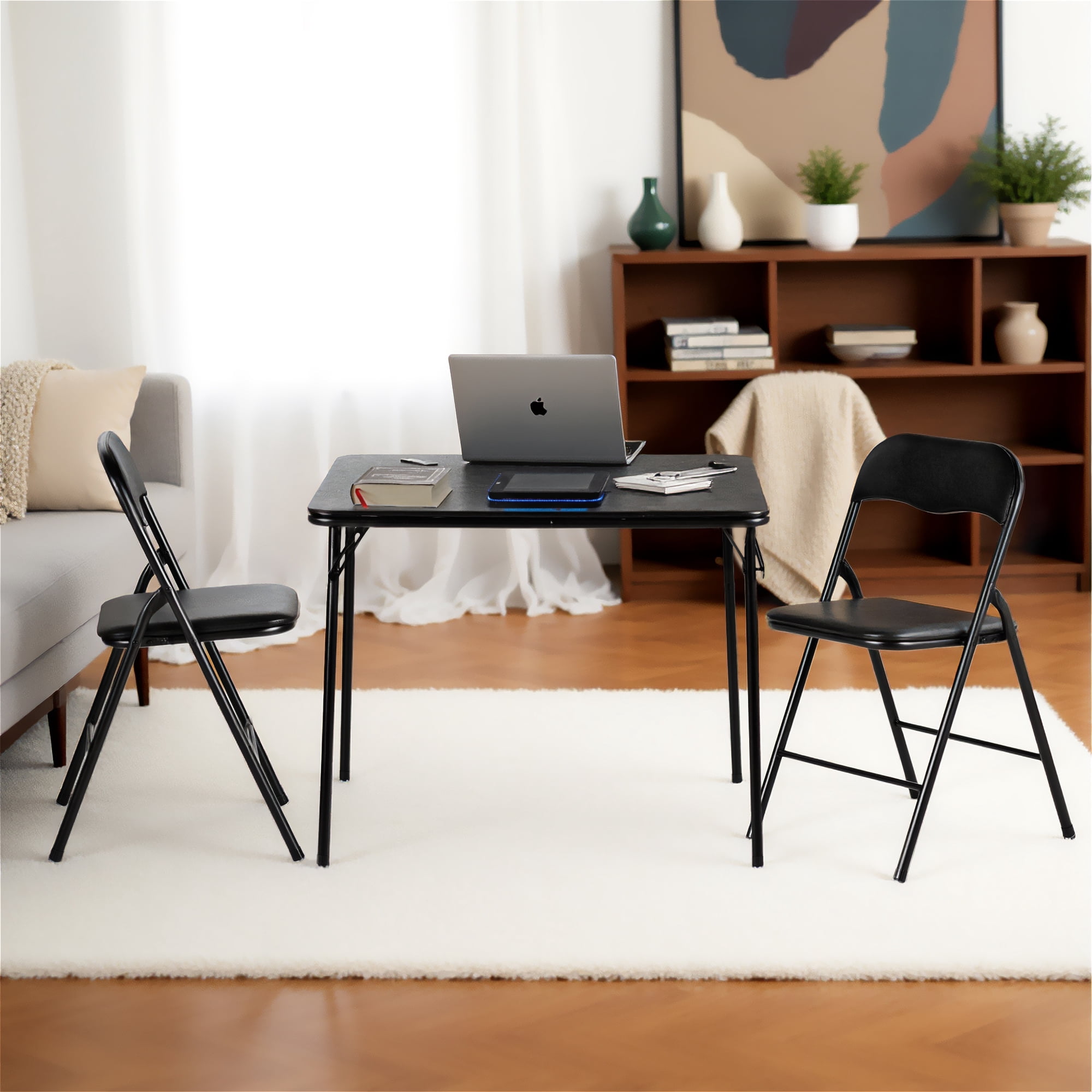 Homy Casa 3-Piece Folding Dining Set with 33.9in Square Table and 2 Metal Chairs, Black