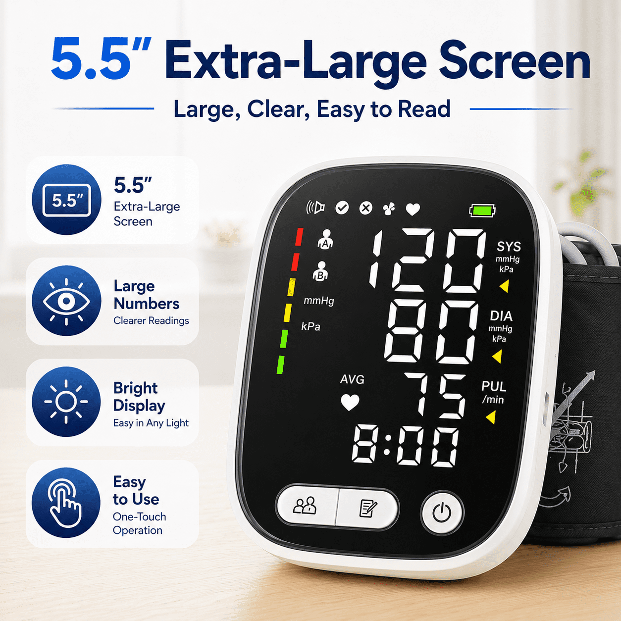 Moonsun Automatic Upper Arm Blood Pressure Monitor, 5.5″ Backlit Display, Rechargeable & Broadcast Voice, Large Cuff 8.7”-16.6”, 2-User 180 Memories for Home Use