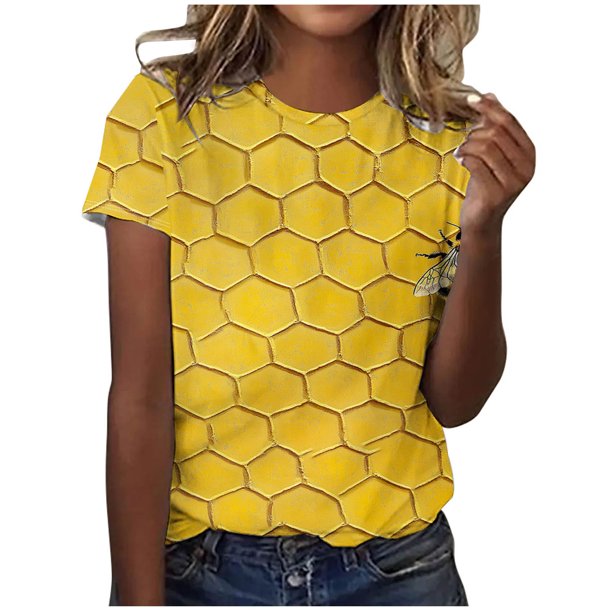 Blusas de Manga Corta para las Mujeres Cuello Redondo de Impresión de Verano, Top de Poliéster de Moda Casual para Toda la Temporada