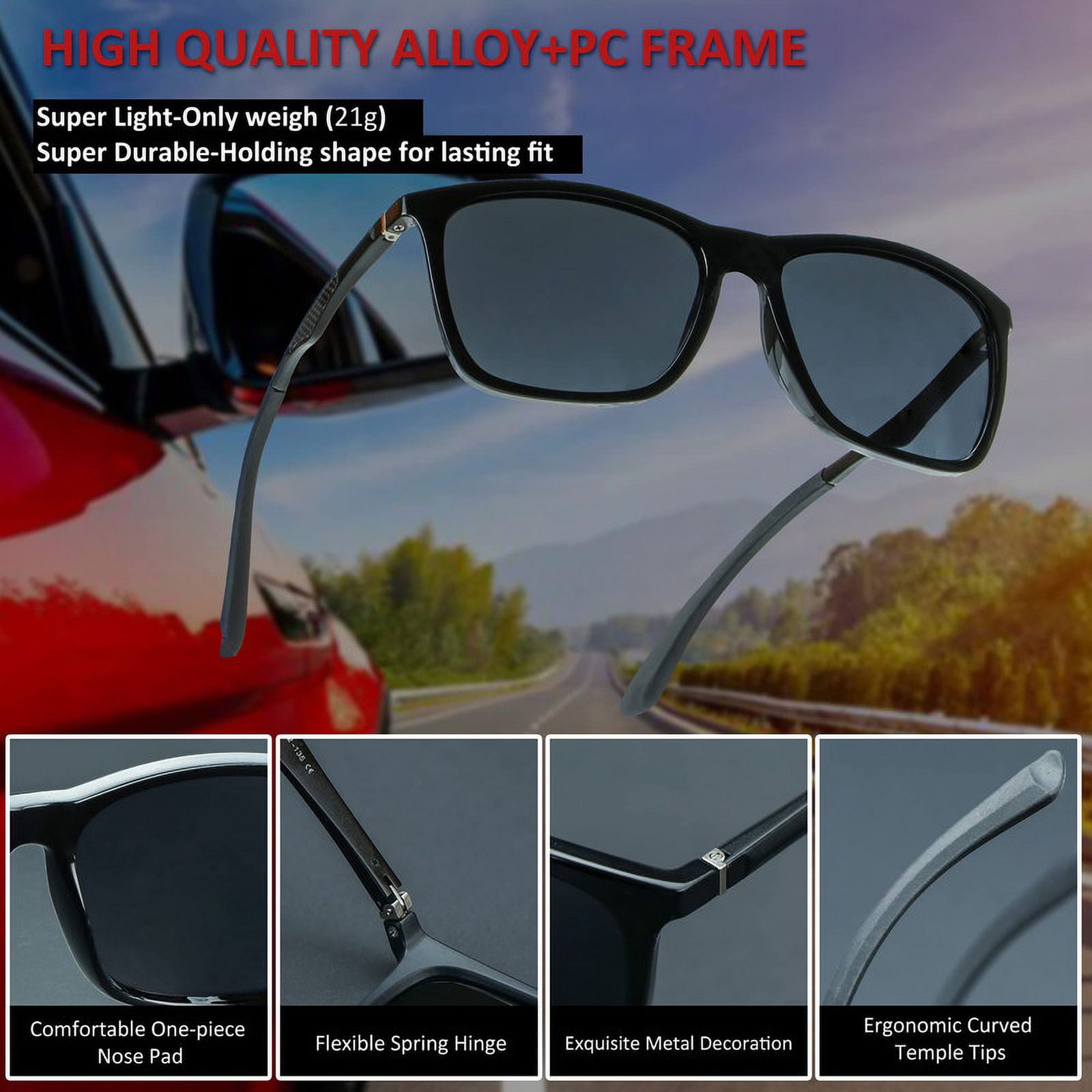 LifeArt Mens Polarized Sunglasses Ultralight Sports Fishing Driving Sunglasses for Men UV Protection Rectangle Metal Frame (Bright Black+Matte Black)