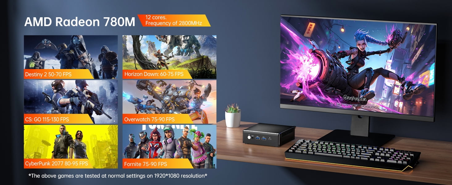 Kinupute Mini Gaming PC with AMD Ryzen 7 7840HS, Upto 5.1GHz, Desktop Computer with 64G DDR5, 1T M.2 PCIE4.0 SSD, Windows 11 Pro, 2XHDMI/USB-C Port, 4K Triple Display, Dual LAN(1x2.5G), WiFi6E/BT5.3