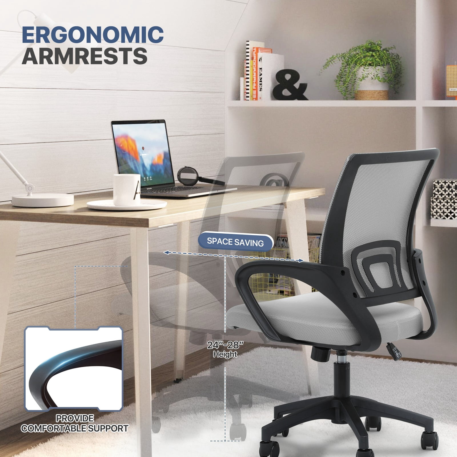 MoNiBloom Set of 2 Mid-Back Office Desk Chairs Ergonomic Adjustable Height Mesh Computer Chairs with Lumbar Support, Light Gary