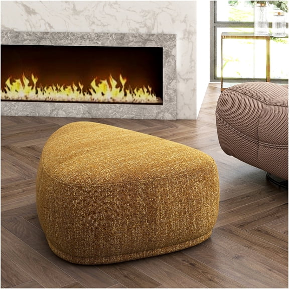 JERFIT Modern Mustard Yellow Tweed Ottoman, Rounded Triangle Cocktail Bench for Living Room, Accent Footrest Stool with Upholstered Soft Fabric