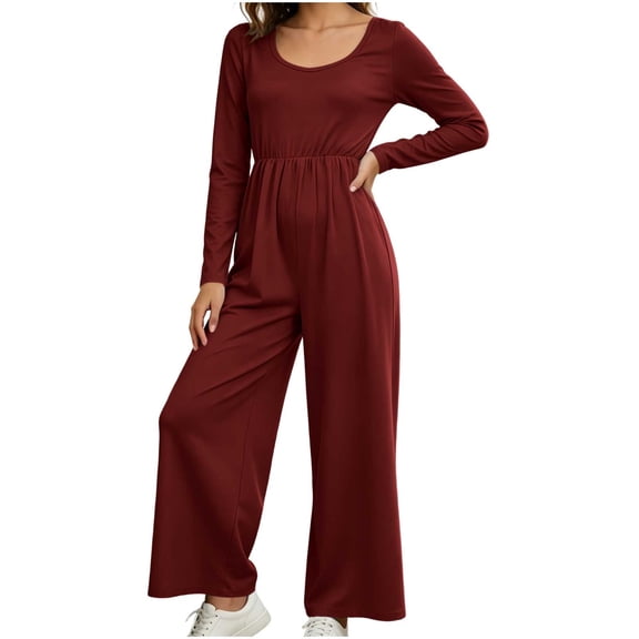 Lenpel Womens Casual Jumpsuits Square Neck Long Sleeve Back Zipper Rompers Solid Color Wide Leg Fashion Fall Clothes(Wine,X-Large)