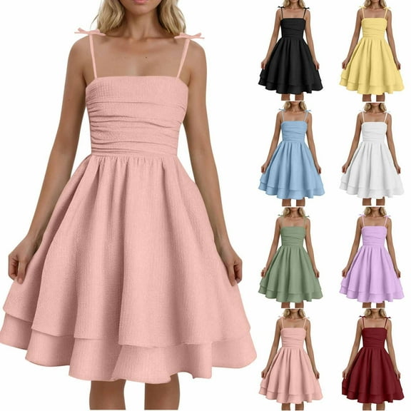 SMihono Summer Dresses for Women 2025 Double-Layer Mini Puff Dress Sleeveless Adjustable Spaghetti Straped Pleat Cute Sundresses Light Blue S