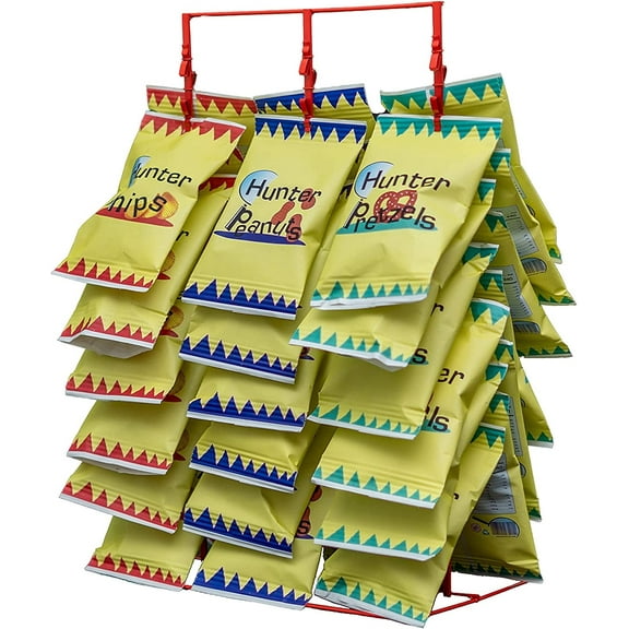 STORE SUPPLY HUNTER 3 tier Potato Chip Display Strip Rack,Chip CounterRack, Black Countertop SnackCart, Portable Retail PotatoChipBagHolder, SweetsOrganizerStand for Party in Red 22 H X 14.5 W Inches