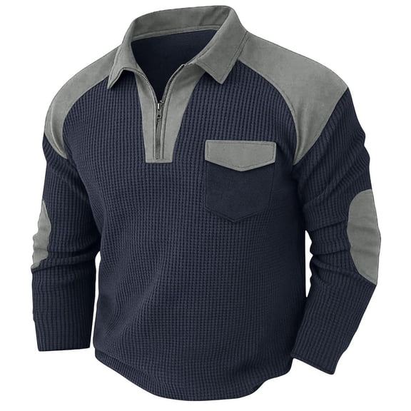 Felirenzacia Men's Quarter Zip Front Walf Knit Patch Sweatshirt with Chest Pocket, Long Sleeve Tee Shirt for Big and Tall,Navy,S