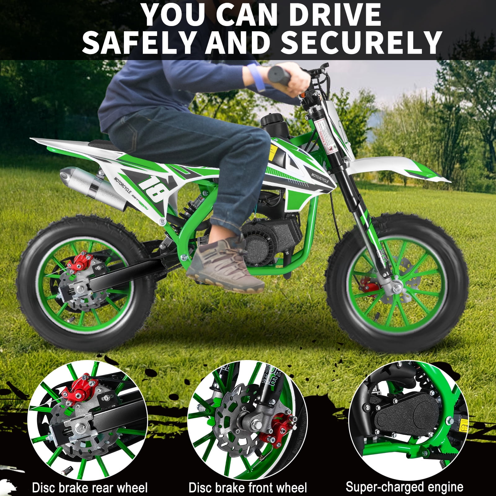 Bremoi 49cc Mini Dirt Bike 2-Stroke Kids Gas Bike with Off-Road Tires Shock Absorption Springs Soft Seat Cushion Max Load 330Lbs Pull Start Cooperate Disc Brakes and Up to 25mph  Green