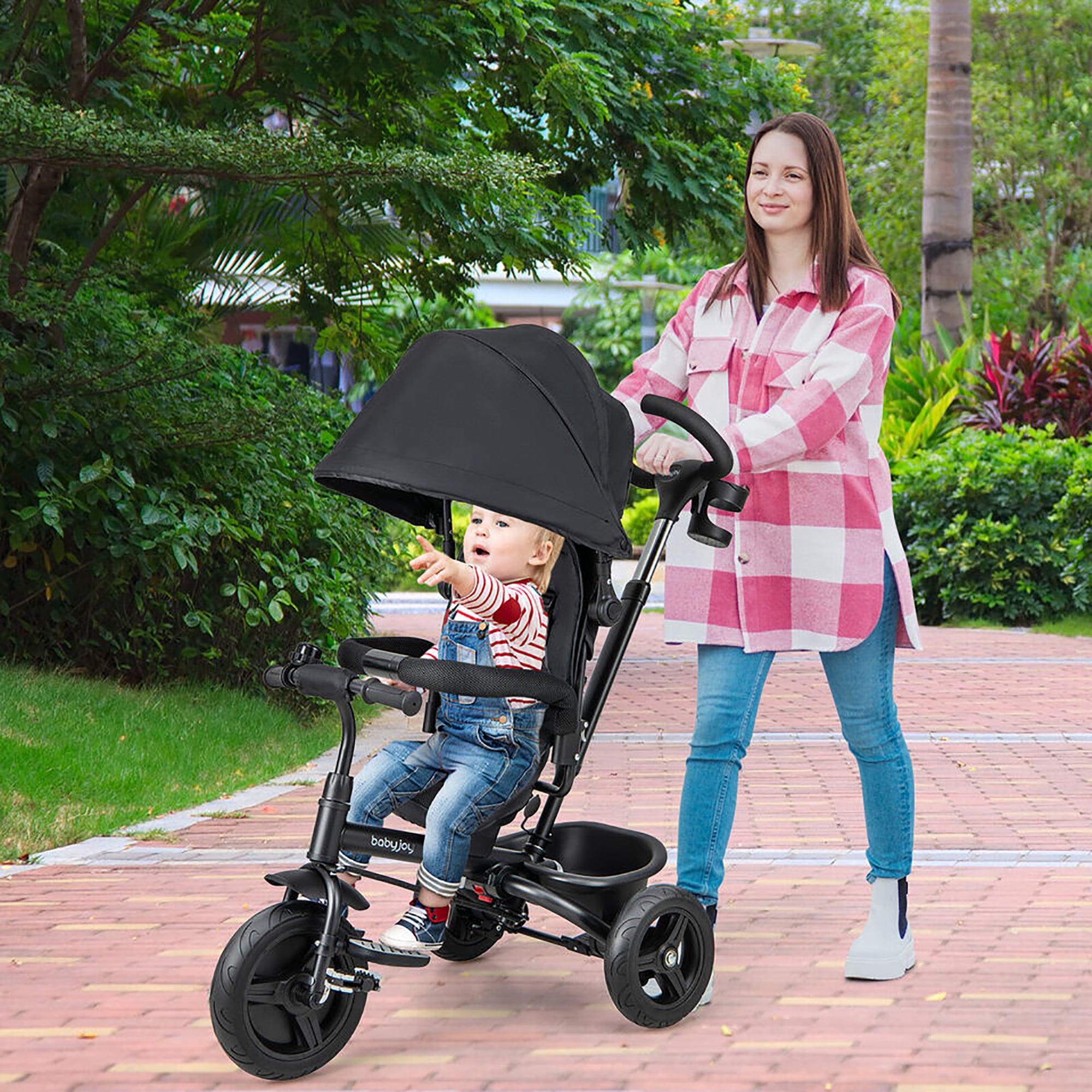 Gymax 4-in-1 Baby Tricycle Toddler Trike w/ Reversible Seat Canopy & Push Handle Black