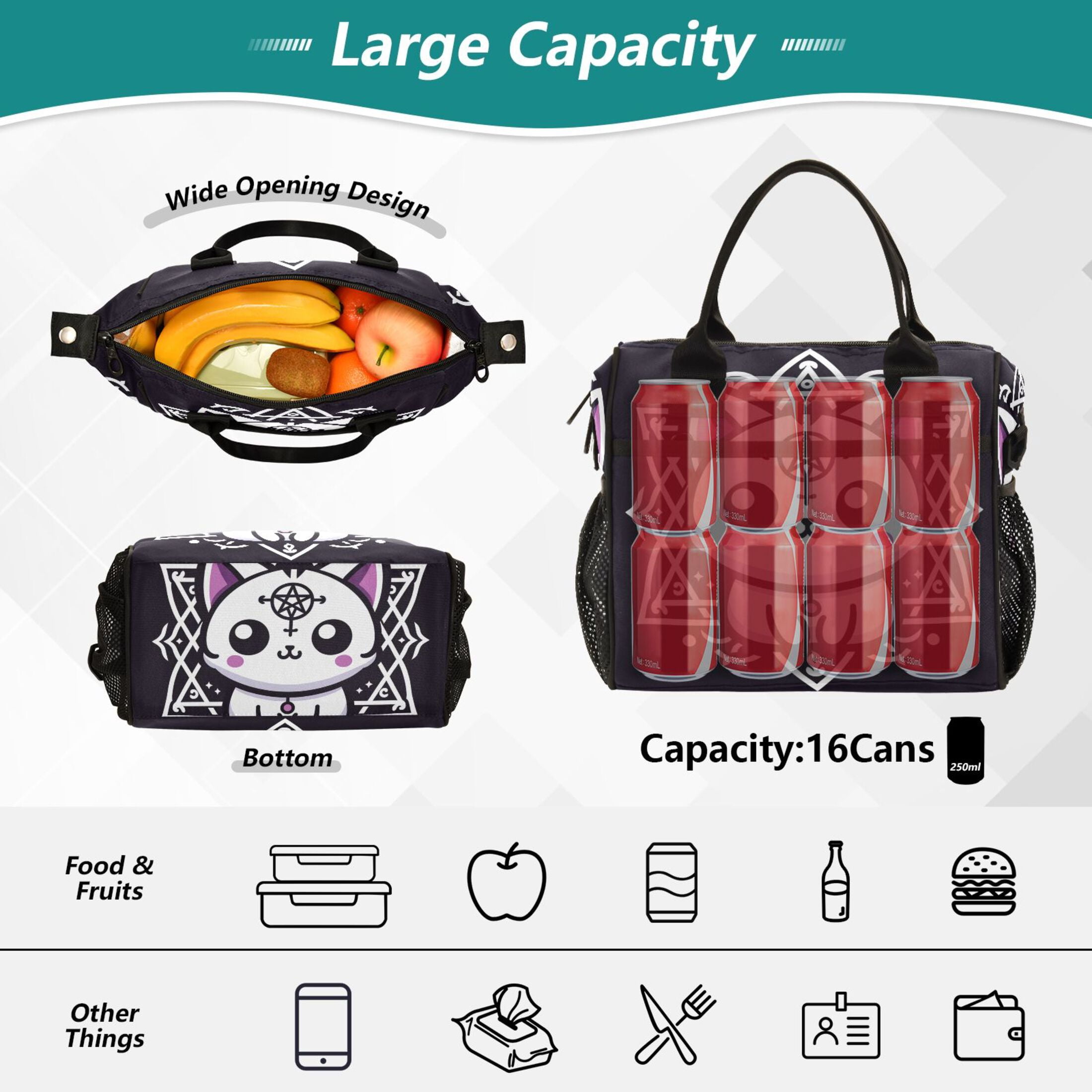 Lunch Bag Insulated Lunch Box Leakproof Reusable Cooler Tote Adjustable Shoulder Strap for Men Women Cute Cat with Hexagram 12L