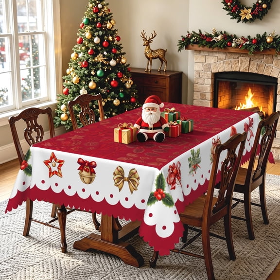 Nanqianyi Bow Bell Gift Christmas Rectangle Tablecloth,Waterproof Stain Resistant Holiday Party Table Cover,52x70 Inch