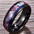 thumbnail image 5 of 8mm Men's Black Tungsten Ring Wedding Band with Blue Guitar String and Light Purple Abalone Shell Inlay Dome Style, 5 of 6