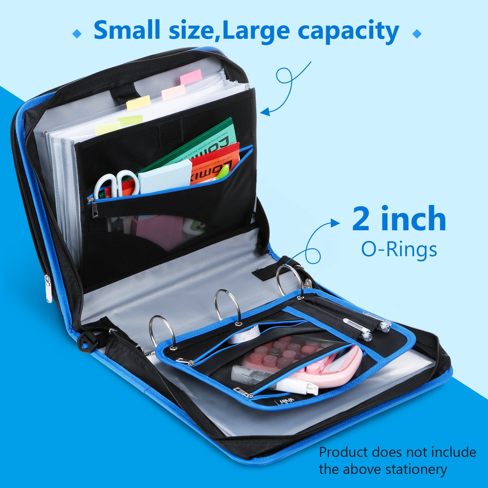 ViVin Zipper Binder 2 Inch O-Ring 450 Sheet Capacity, Multiple Tap Zip Pockets, Office Supplies, Blue