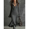thumbnail image 2 of Women's Sweater Dresses Half Zipper Flare Sleeve Knit Dress Elegant Mermaid Dress Trendy Maxi Dress Dark Gray XL, 2 of 5
