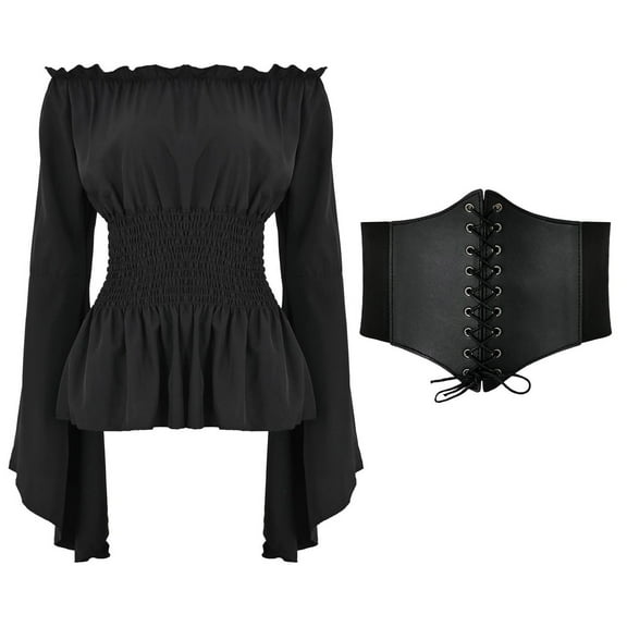 Womens Elegant Long Sleeve Boho Blouse Top – Plus Size Gothic Ruffle Skirt Shirt, Cosplay Costume Top