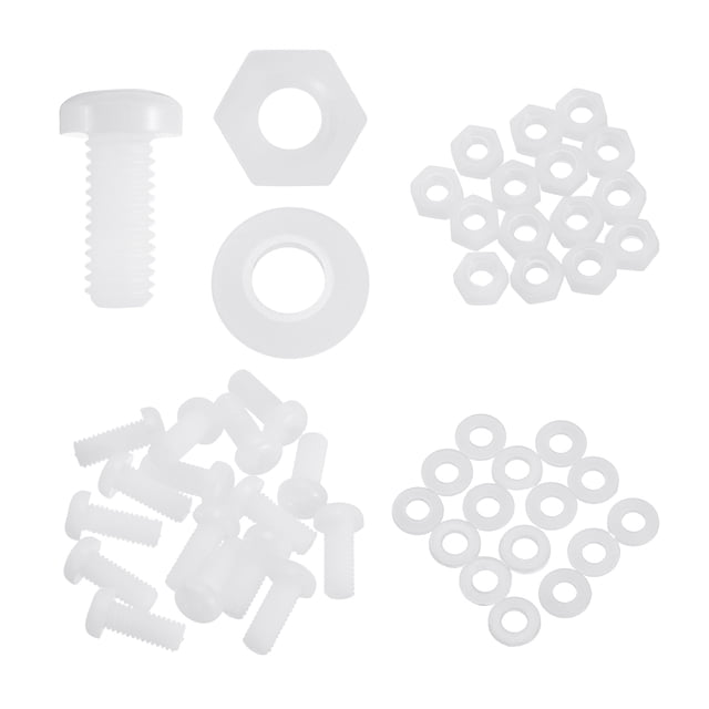 Uxcell 15 Set M6x15mm Nylon Plastic Cross Round Head Screw Phillips Bolts Hex Nuts Flat Washers Assortment Kit, Metric Full Thread Bolt Fasteners for DIY Machine Assembly, White