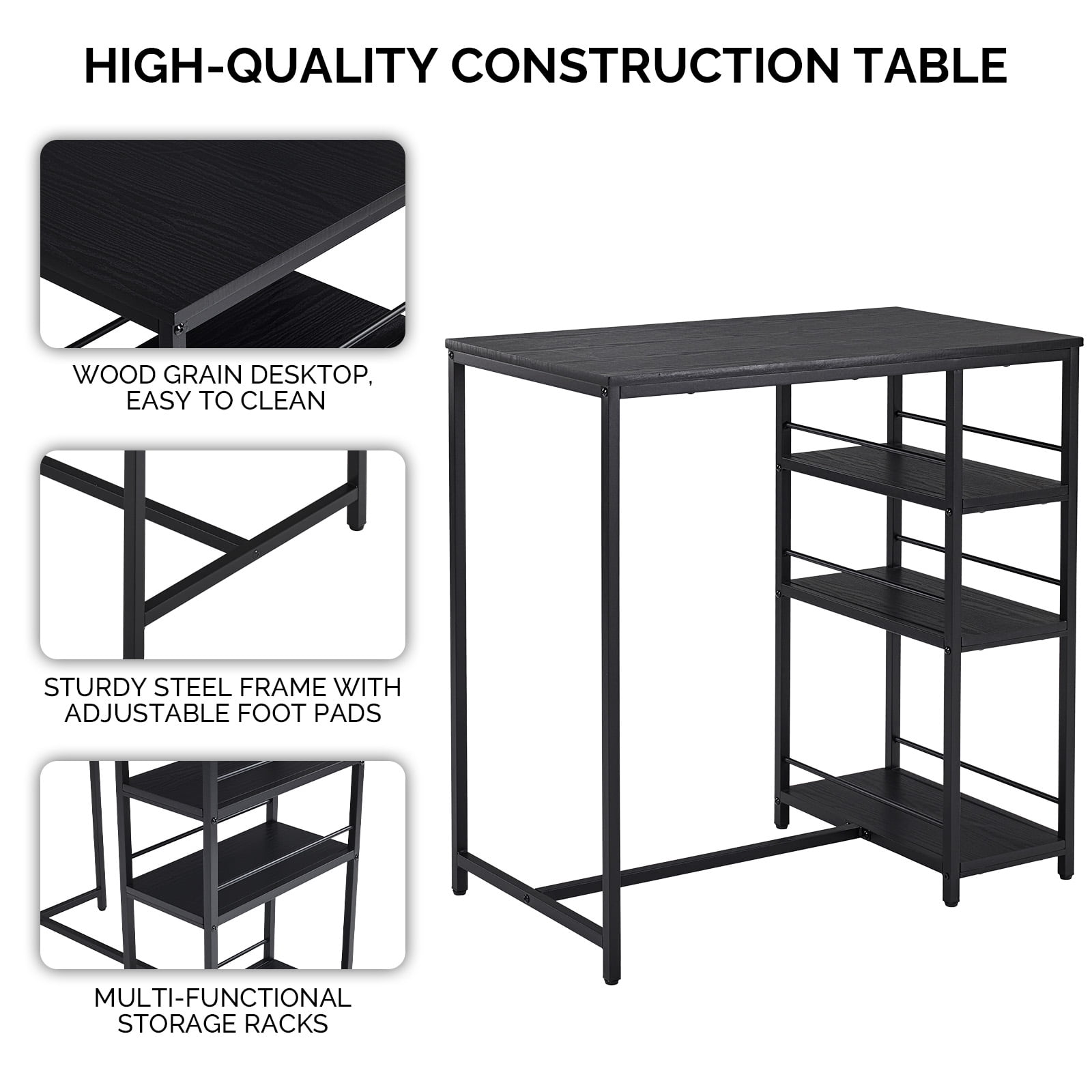 Ktaxon 3 Pieces Dining Table Set for 2, Counter Height Bar Table Set with Storage Shelves, Pub Table and Padded Chairs for Dining Room, Kitchen, Modern Black