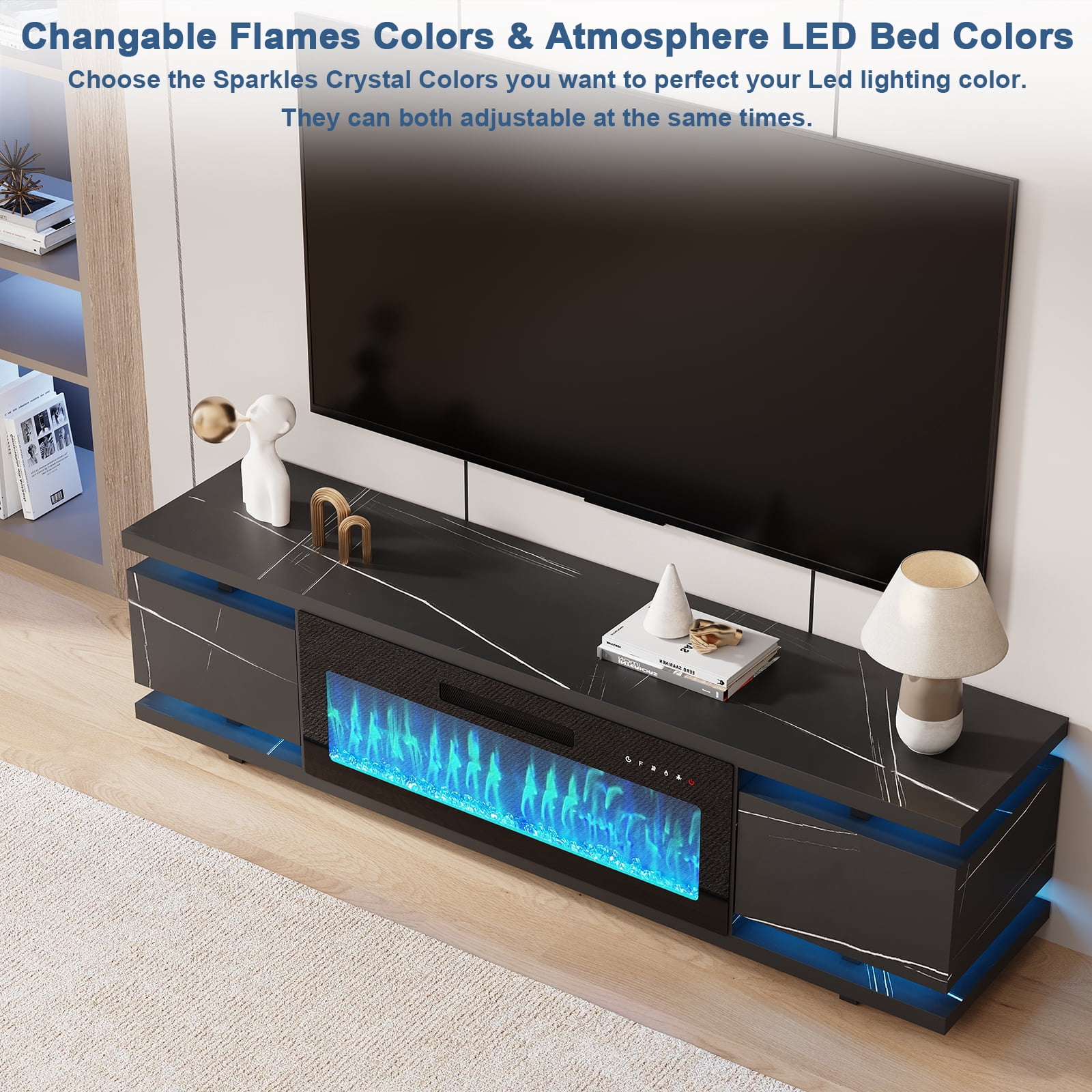 Redayfur 69" TV Stands with Electric Fireplace for TVs up to 80",Remote Control and LED Lights,Black