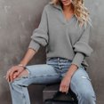 thumbnail image 3 of Suéter de punto con solapa para mujer con dobladillo suelto, jersey de manga larga con cuello en V para otoño e invierno, gris XL, 3 of 7