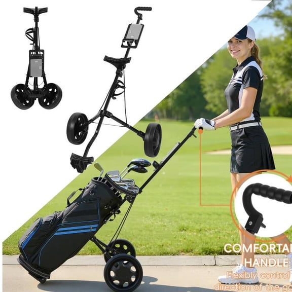 2 Wheel Golf Push Cart, Foldable Walking Golf Trolley 3kg, Lightweight Golf Cart with Wear Resistant PP Wheels, Tee Holder, Storage Scoreboard, Ball Holder (Black)