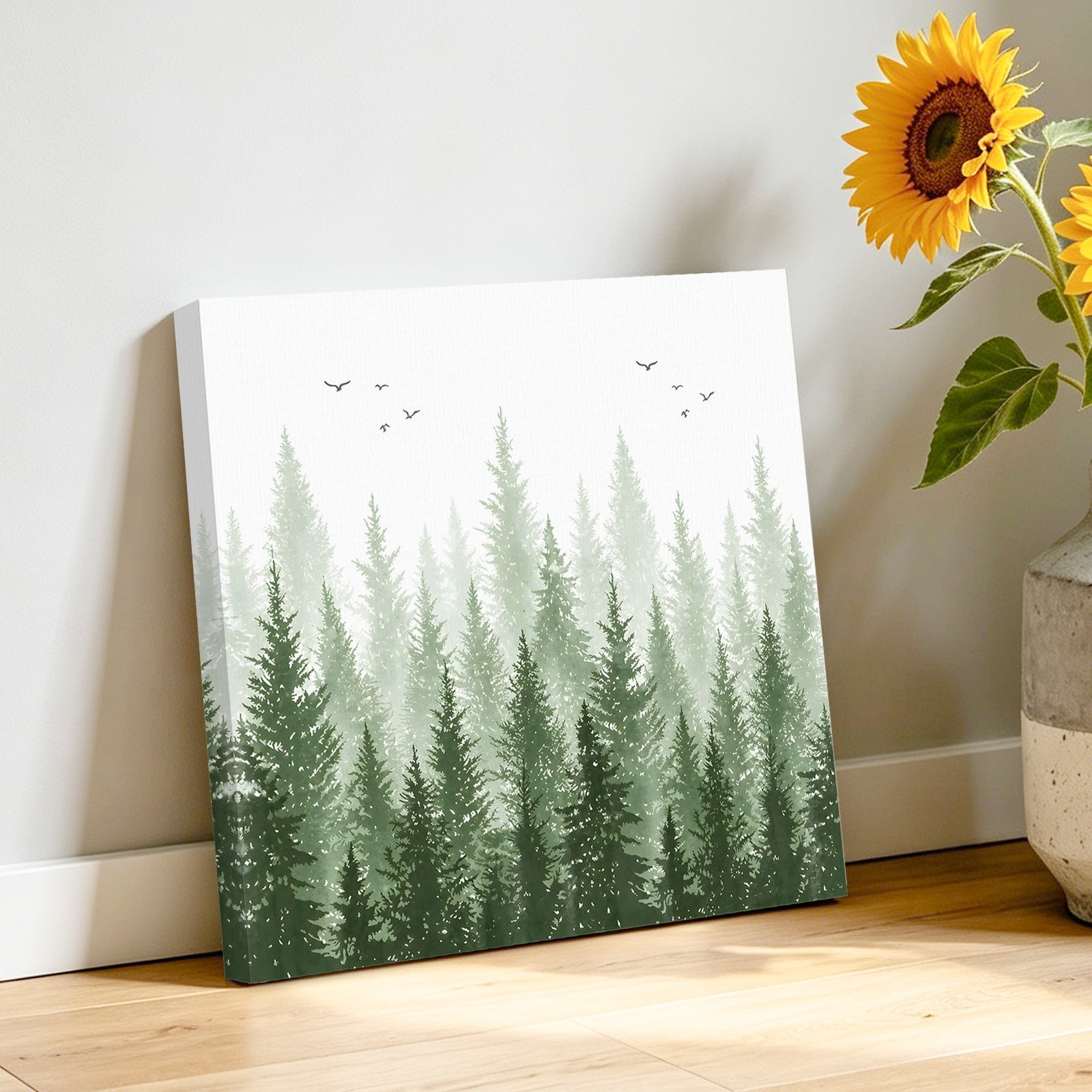 Pine Trees Forest Canvas Wall Art Dark Green Ombre Watercolor Nature Landscape Pictures Wall Decor Wooden Framed Artwork Art Prints for Living Room Hallway Bedroom Office 8 x8