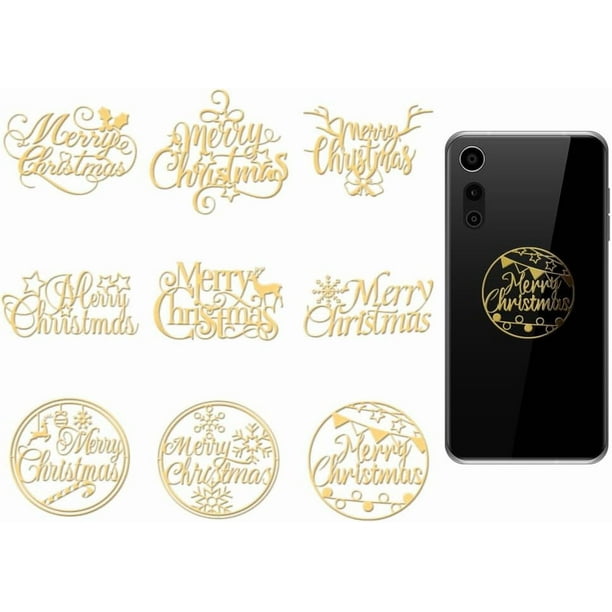 9 pegatinas de metal doradas de 1,6 x 1,6 pulgadas con diseño de Feliz Navidad, autoadhesivas, para álbumes de recortes, con borde metálico y estampado dorado.