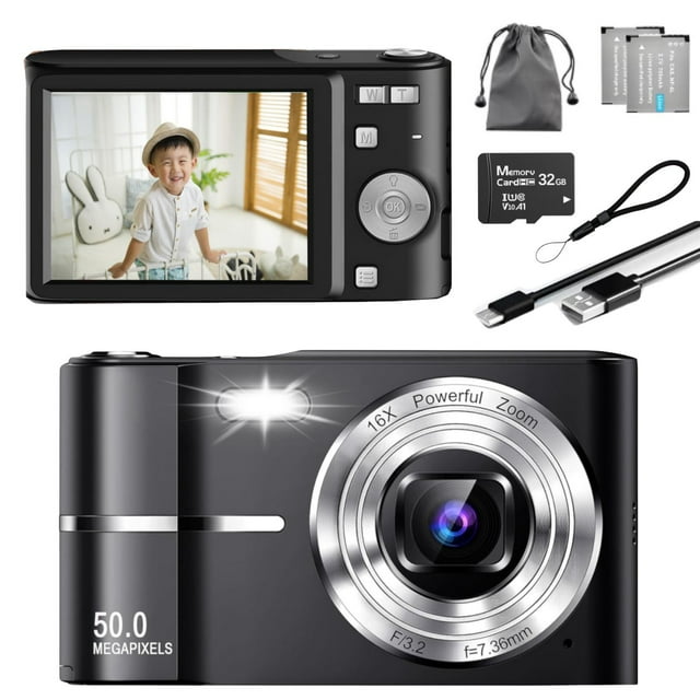 MAKATA Compact Digital Camera 50MP 16X Zoom HD 1080P - Point and Shoot Digital Camera 32GB Two Batteries - Kids Camera for Boys Girls Toddler Kids Students Beginners - Birthday or Holiday Gift (BLACK)