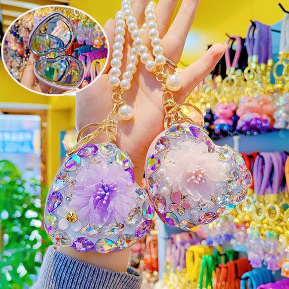 Girls Folding Mirror Keychain Rhinestone Makeup Mirror with Faux Pearl Chain Portable Small Folding Mirror Pendant for Touch-Ups Fashion Accessory Bag Charm
