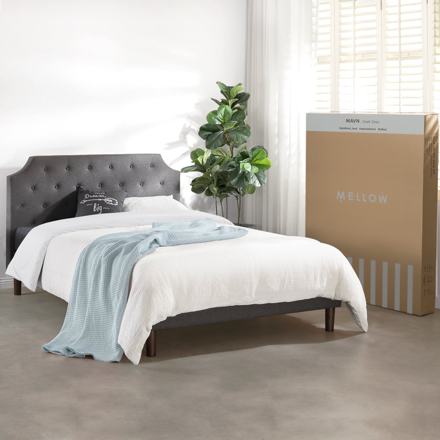 Mellow MAVN Upholstered Platform Bed, Modern Tufted Headboard, Real Wooden Slats and Legs, Dark Grey, Full