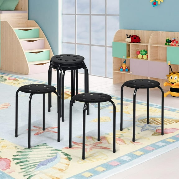 FASCK 6 Pack Stackable Stool, 17.5” Stacking Decoration Stool Set w/Metal Frame & Plastic Seat, Backless Round Flexible Seating for Children's Table, School, Classroom(6 Piece, Black)