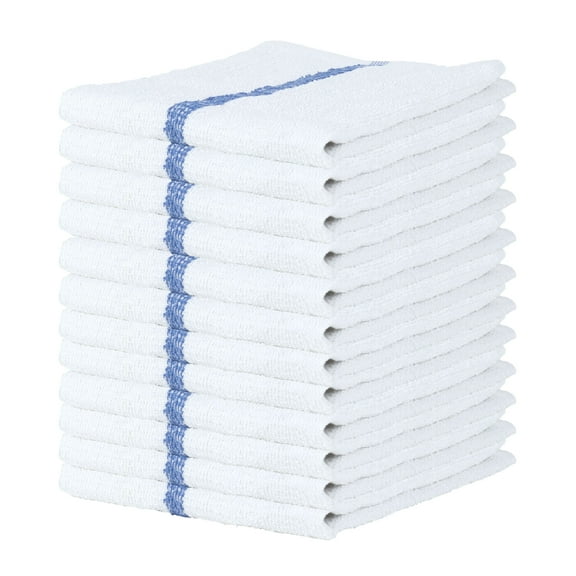 Qwick Wick Bar Mop Terry Towels (12 Pack), 16" x 19", 100% Cotton, Absorbent Soft Cleaning Cloths, White with Blue Stripe