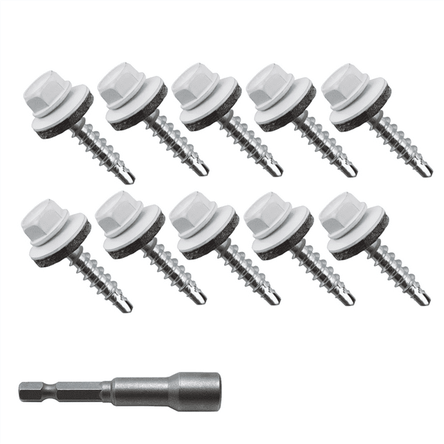 300 Pcs Vis de Toit en Métal Auto-Perçantes 10x1 Têtes Hexagonale, Rondelle EPDM, Vis de Toit en Métal avec Embout Conducteur Hexagonal, 300 * Vis de Toit 1 * bits, Blanc