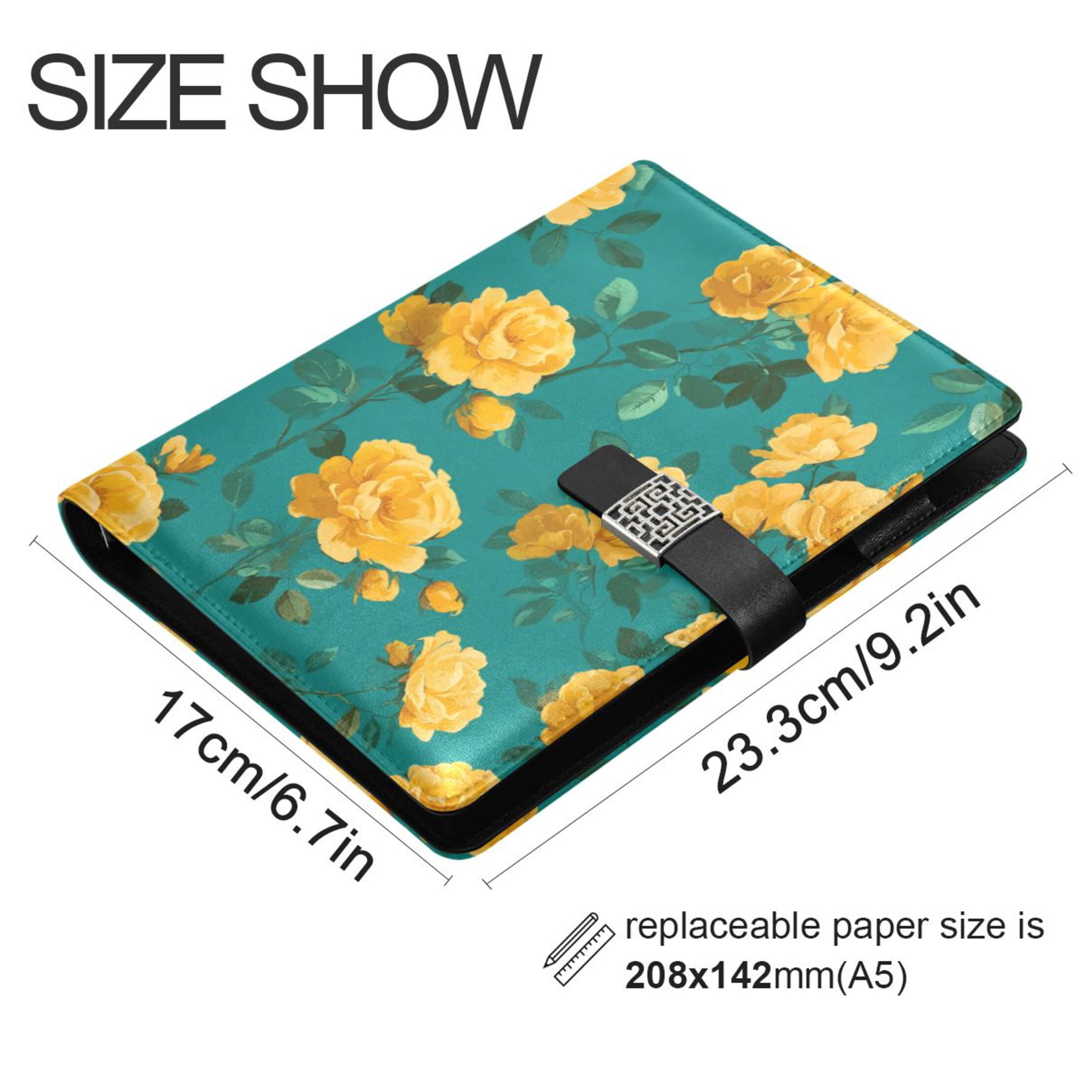 Leather Notebook with Pen Holder Writing Notepad Includes 100 Pages Lined Journal Vintage Yellow Rose Pattern