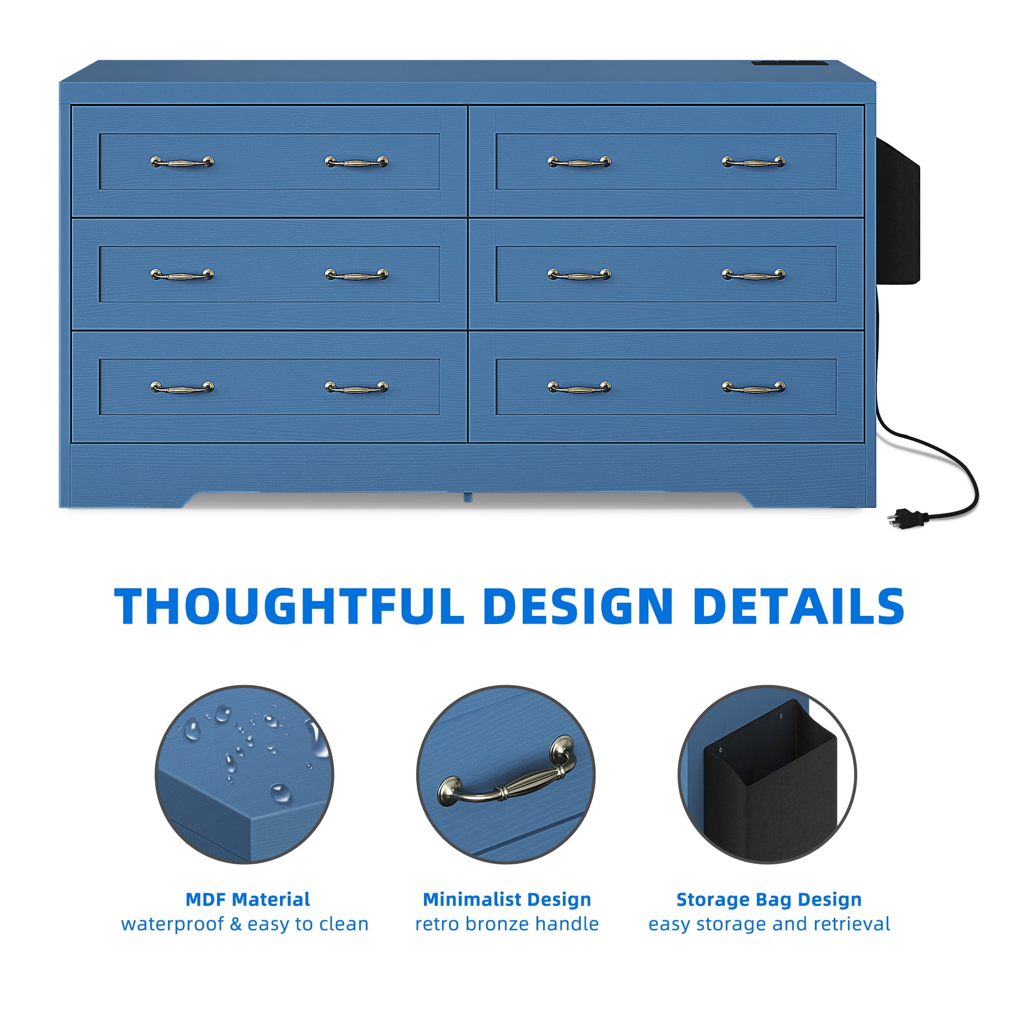 Dextrus 6 Drawer Dresser with Handles & Power Outlets, Wood Storage Cabinet Chest of Drawers, Blue