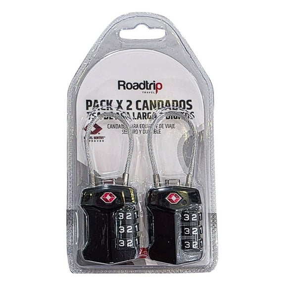 Pack x2 candados Roadtrip TSA de asa larga, 3 dígitos, negro