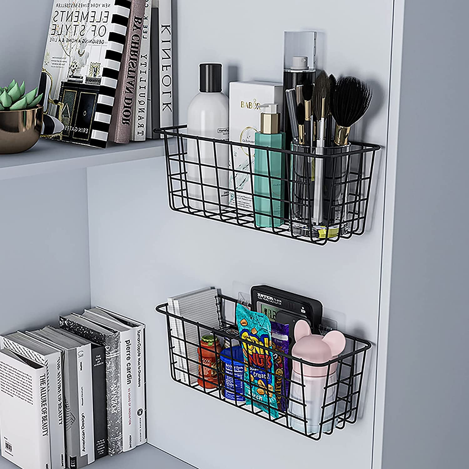 NEX Hanging Metal Storage Basket No Drilling Wall Mounted, Black, Set of 2