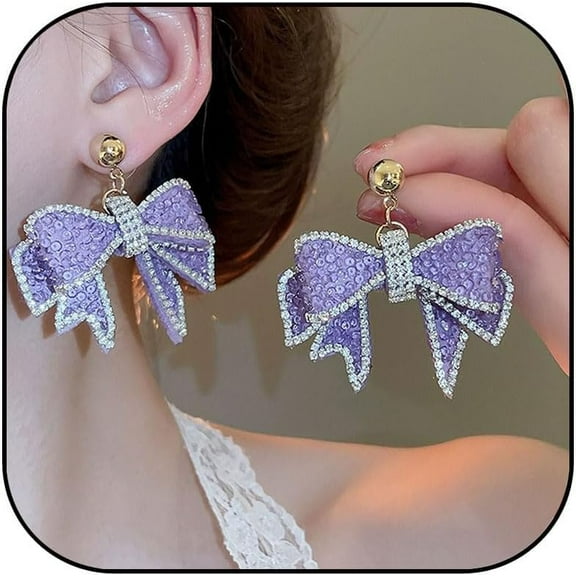 Pink Rhinestone Bow Drop Earrings for Women Cute Green Purple Rhinestone Bowknot Dangle Drop Earring Trendy Christmas Jewelry Gift for Women